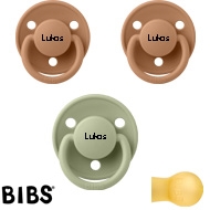 Bibs de Lux sutter med navn (1 Sage, 2 Earth) Runde Latex str.2, 3 pack